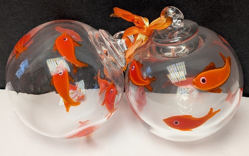 Vtg Blown Glass Goldfish Ornaments 3" Set Of 2 Murano Style Witch Balls Nautical